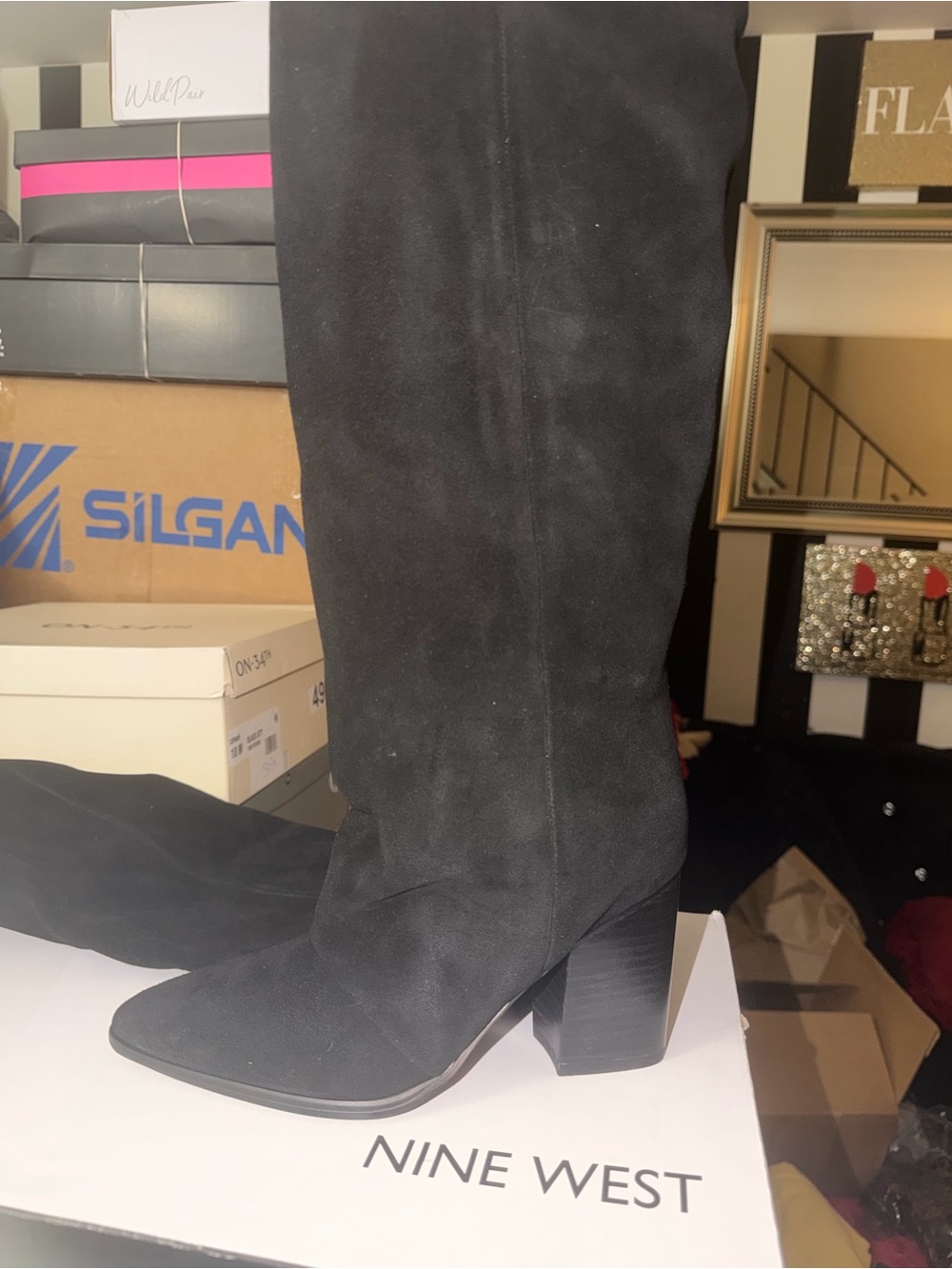 Nine West Black Suede Knee-High Block Heel Boots